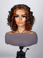 4x0.75 Lace Front Light Mocha Short Wig With Ringlets Swept Bangs And Ginger Highlights