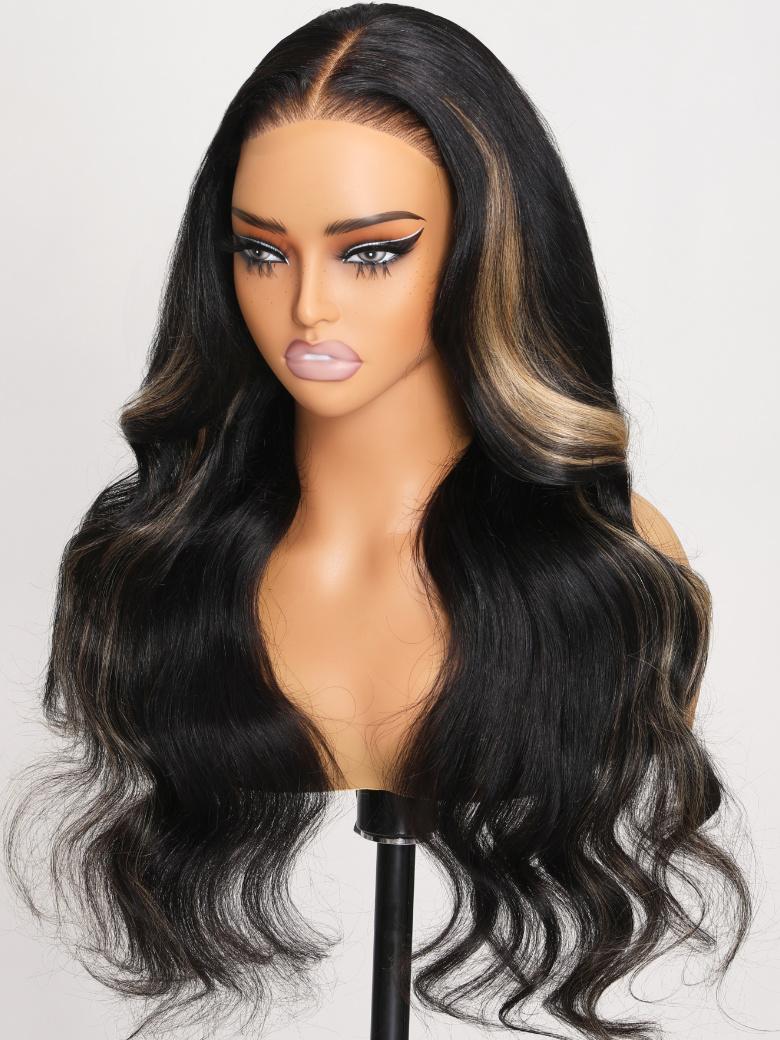 7x5 Bye Bye Knots? Glueless Lace Wig Black With Blonde Highlights 3D Body Wave Bleached Knots