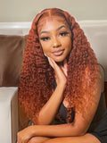 Petaluxe Medium Auburn Jerry Curly Human Hair Glueless Lace Wig 150% Density
