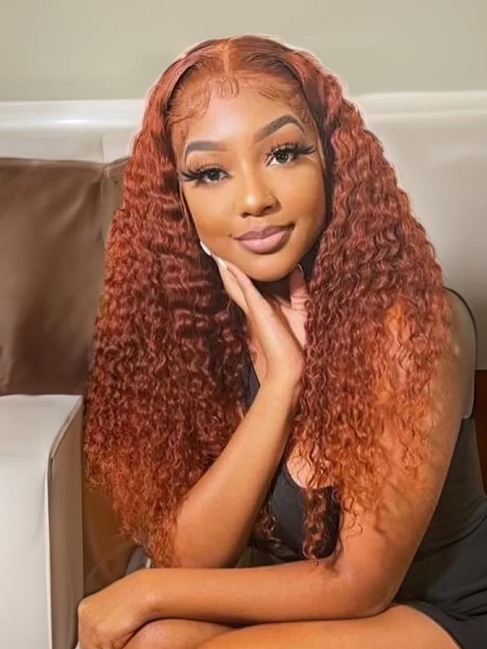 Petaluxe Medium Auburn Jerry Curly Human Hair Glueless Lace Wig 150% Density