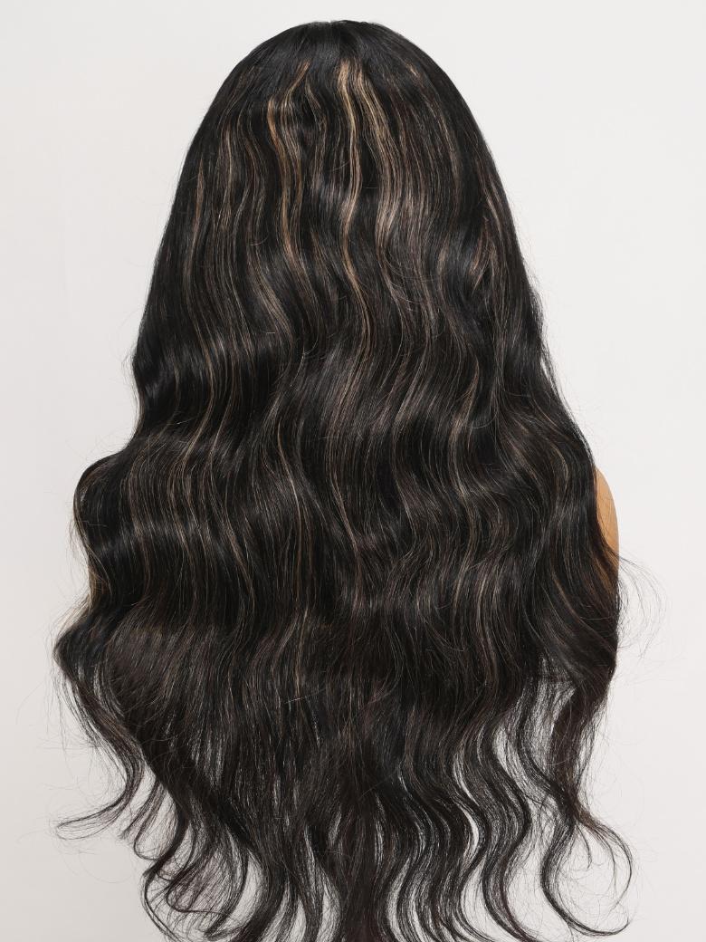 Bye Bye Knots Wig 7x5 Glueless Lace Black With Blonde Highlights 3D Body Wave Bleached Knots Wig No Baby Hair