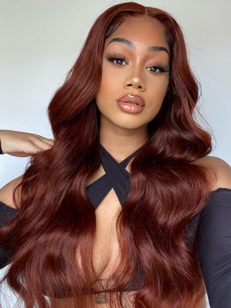 [BOGO FREE] 13x4 Transparent Lace Reddish Brown Winter Vibe Body Wave Human Hair Wig