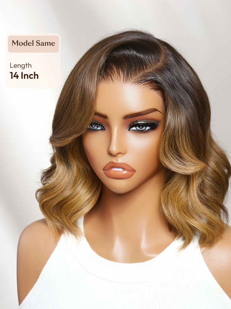 13x4 Pre-Everything? Lace Frontal Brown With Honey Blonde Face-Framing Highlights Wavy Bob Drawstring Wig