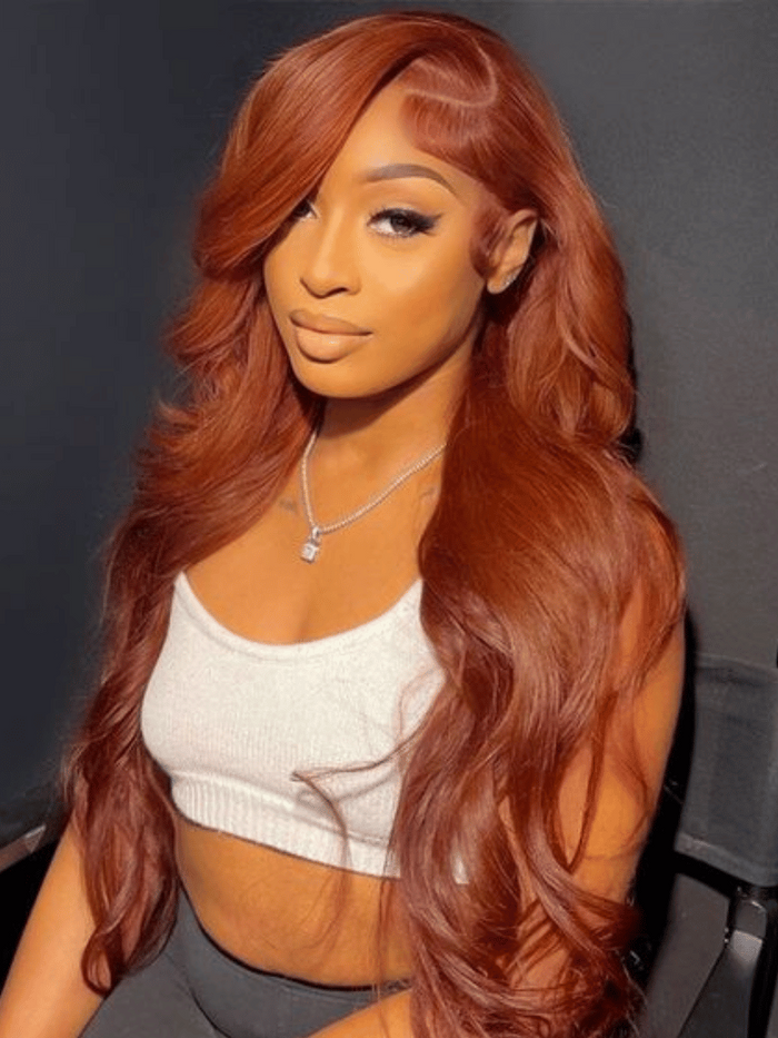 Petaluxe 13x4 Lace Front Copper Brown Body Wave Wig Ginger Brown 150% Density Pre plucked Hairline