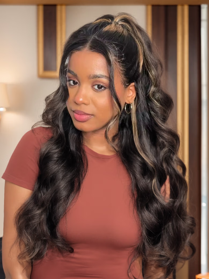 Petaluxe [22-24"] Bye Bye Knots Wigs 7x5 / 6X4.5/ 13X4 Pre-Cut Lace Honey Brown Highlights/ Reddish Brown/ Natural Black Jerry Curly Wig With Bleached Knots