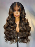 Petaluxe 13x4 Pre-Everything? Lace Frontal Balayage Highlights Fluffy Natural Loose Wave Curtain Bangs Wig