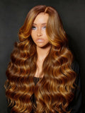 Petaluxe 13x4 Pre-Everything? Lace Frontal Copper Ginger With Highlights Loose Body Wave Wig with Invisi Drawstring