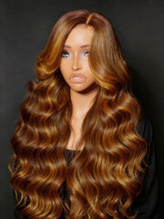 13x4 Pre-Everything? Lace Frontal Copper Ginger With Highlights Loose Body Wave Wig with Invisi Drawstring