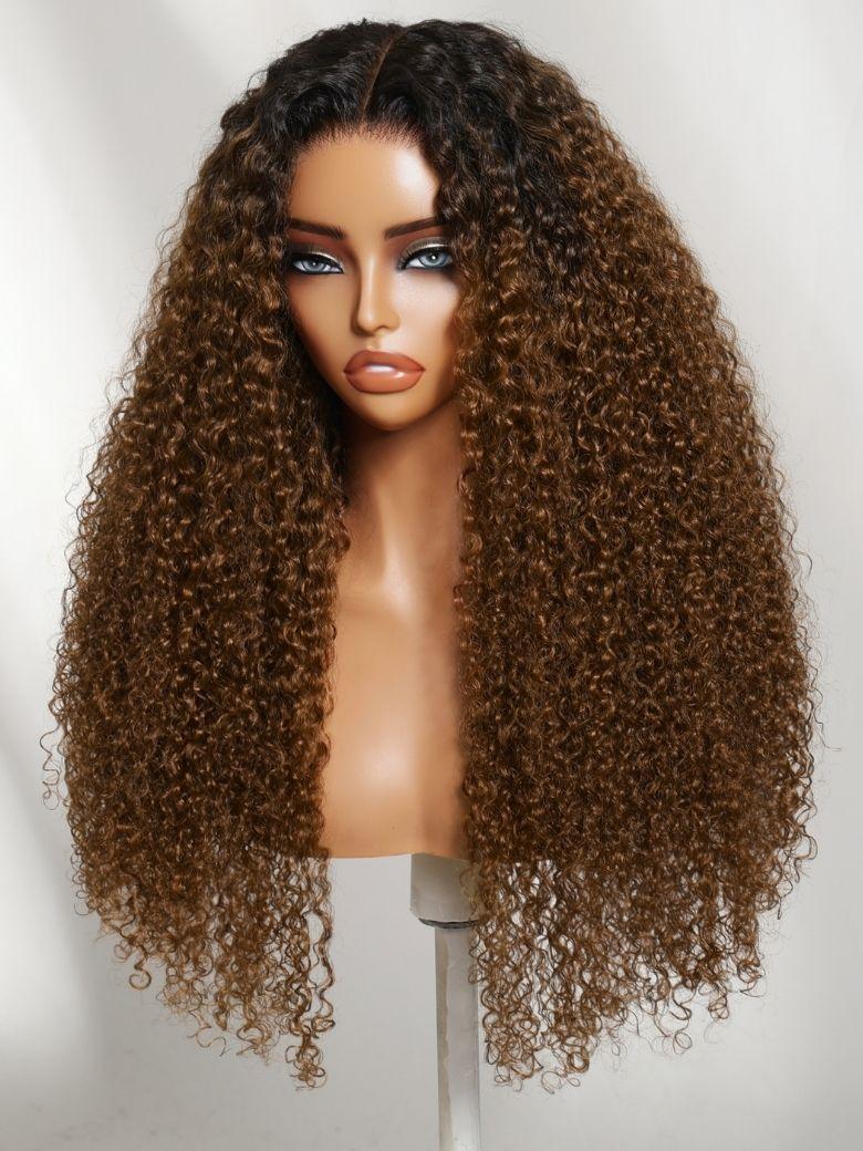 7x5 Bye Bye Slip? Lace Warm Caramel Brown with Dark Roots Natural Afro Curly Wig with Invisi Drawstring