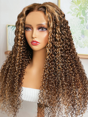 Jerry Curly 4x4 Lace Closure Honey Blonde Balayage On Brown Wig