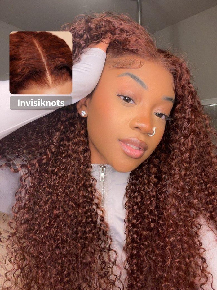 [All Inch $139] Petaluxe Glueless Lace 7x5 Bye Bye Knots Reddish Brown Curly Wig Bleached Knots Bouncy 180% Density