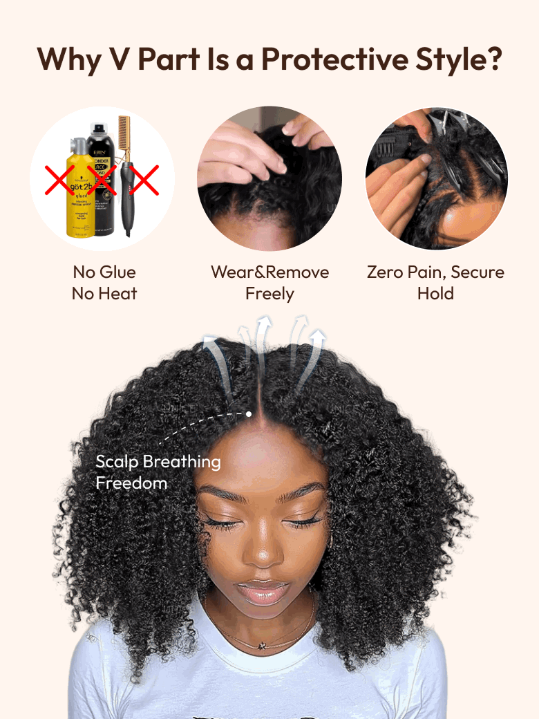 InvisiBlend™ V part Jerry Curly Wig With Invisi Drawstring 100% Human Hair Minimal Leave Out Protect Your Natural Hair 180% Density
