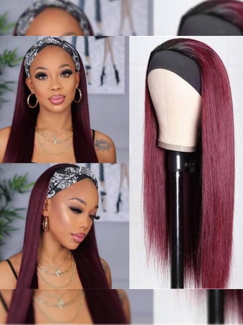 [2 Wigs $109] Headband 22" Burgundy Wig & 12" BOB Natural Color Wig