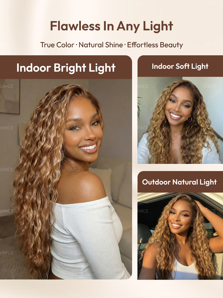 13x4 Pre-Everything? Lace Frontal Caramel Brown With Honey Blonde Highlights Water Wave Glueless Drawstring Wig