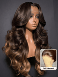 Petaluxe 360 HD Lace Pre-plucked Luxury Raw Virgin Hair Chocolate Brown to Caramel Honey Blonde Ombre Body Wave Wig