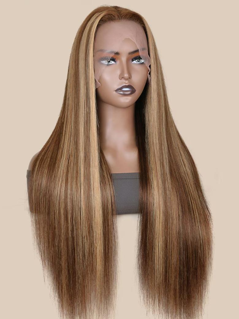 Straight Honey Blonde Highlight Lace Wigs Virgin Human Hair Wigs Pre Plucked With Baby Hair