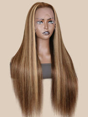 Straight Honey Blonde Highlight Lace Wigs Virgin Human Hair Wigs Pre Plucked With Baby Hair