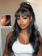 7x5 Bye-Bye Knots? & 13x4 Pre-Everything? Lace Frontal Black Fluffy Natural Loose Wave Curtain Bangs Seamless Sides Wig with Invisi Drawstring