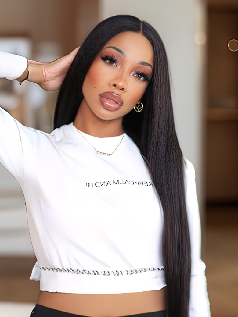 Invisible 5x5 HD Glueless Lace Wig Kinky Straight Hair 180% High Density Pre Plucked Natural Black (US Only)