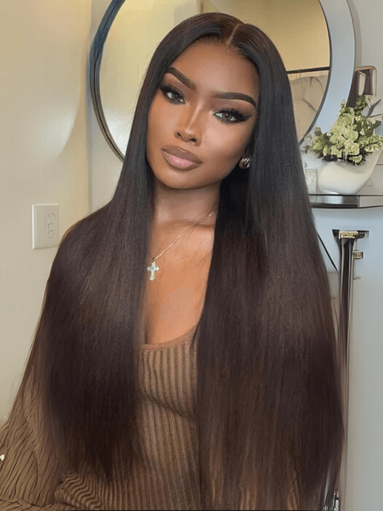 Glueless EasiContour? V Part Black to Chestnut Brown Ombre Yaki Wig With Invisi Drawstring