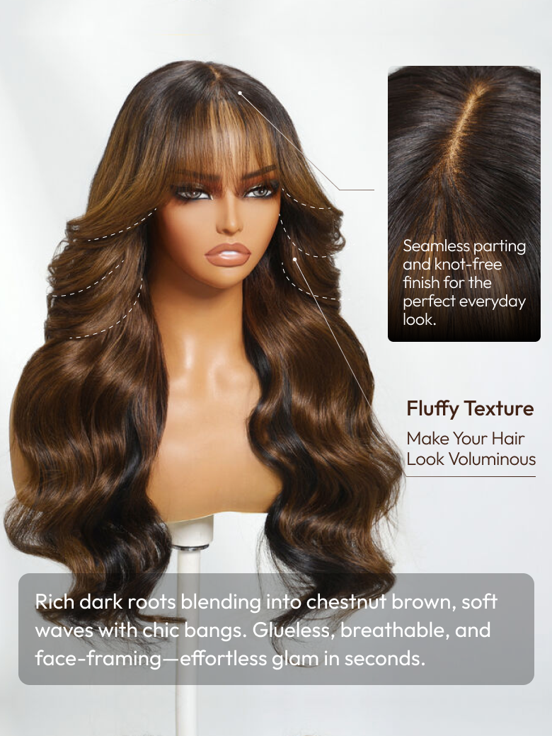 Bye-Bye Knots 13x4 Black with Brown Money Piece Natural Fluffy Loose Wave Curtain Bangs Wig
