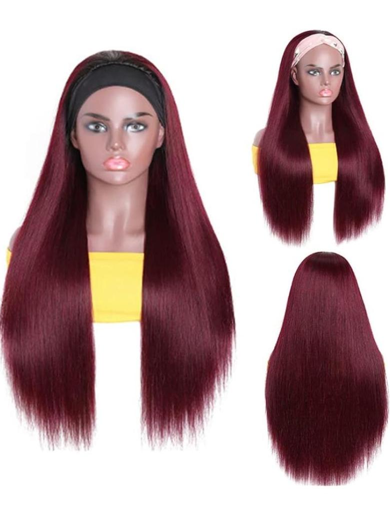 [2 Wigs $109] Headband 22" Burgundy Wig & 12" BOB Natural Color Wig