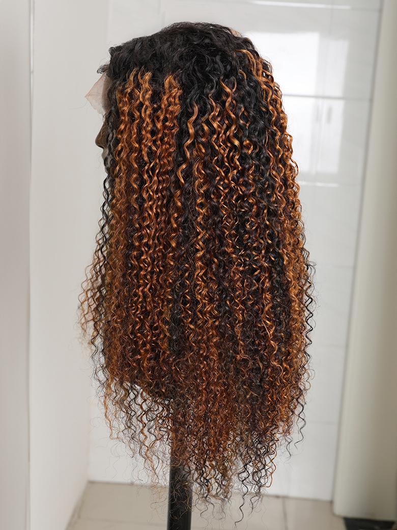 13x4 Lace Frontal Dark Brown Balayage Highlights Jerry Curly 13x4 Lace Wig 150% Density
