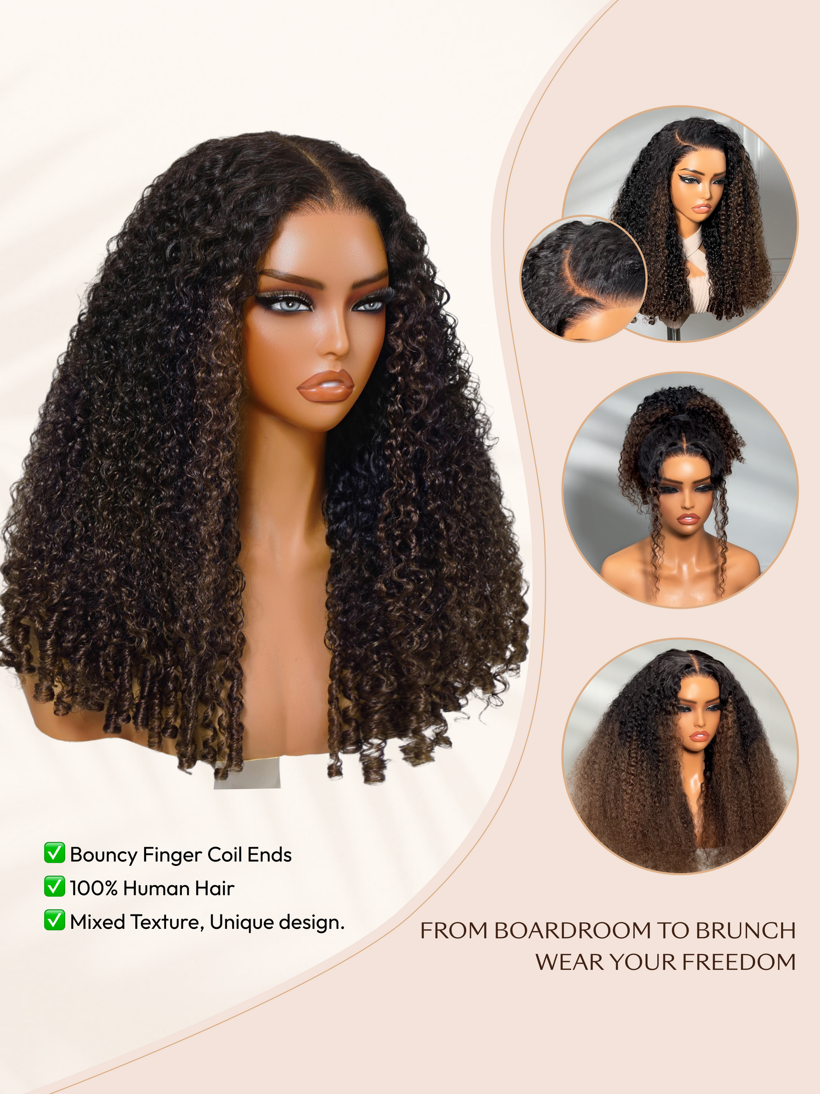 Glueless Curly Wig With Defined Finger Coil Ends Black to Chestnut Brown Ombre Bye-Bye Knots? 7x5 Lace Drawstring Wig