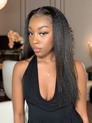 24" Put On And Go Pre Cut Lace 4x4 Closure Kinky Straight 180% Density Black Quick & Easy Glueless Air Wig