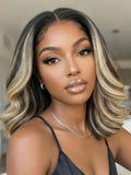 Petaluxe 7x5 Bye Bye Slip? Lace Dark Brunette with Ash Blonde Highlight Layered Wavy Bob Wig with Invisi Drawstring