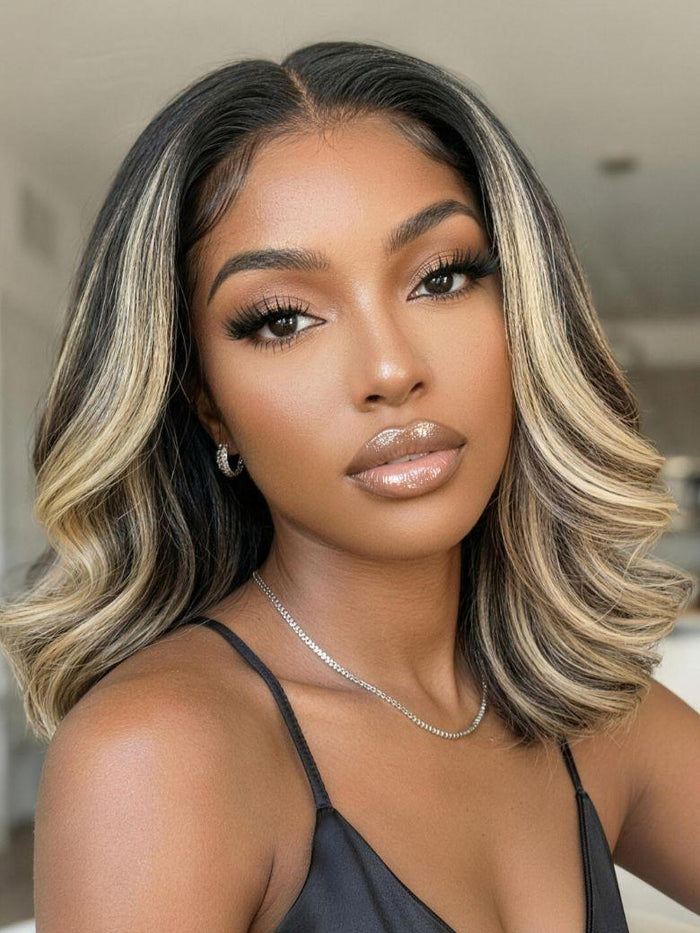Petaluxe 7x5 Bye Bye Slip? Lace Dark Brunette with Ash Blonde Highlight Layered Wavy Bob Wig with Invisi Drawstring