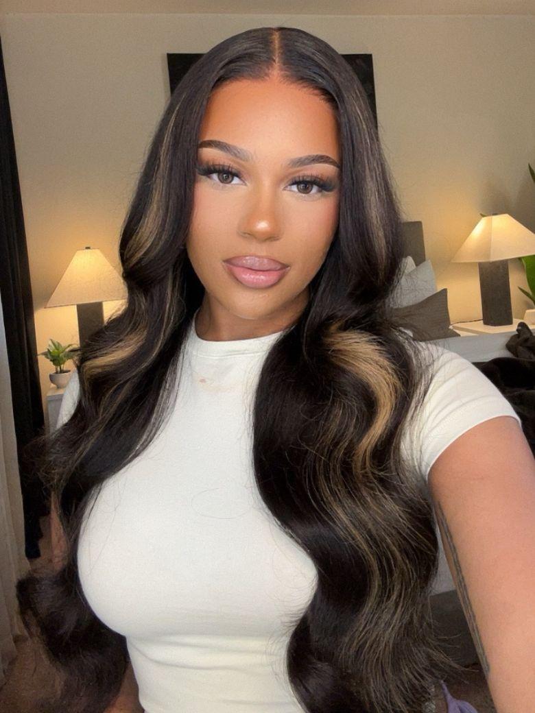 7x5 Bye Bye Knots? Glueless Lace Wig Black With Blonde Highlights 3D Body Wave Bleached Knots