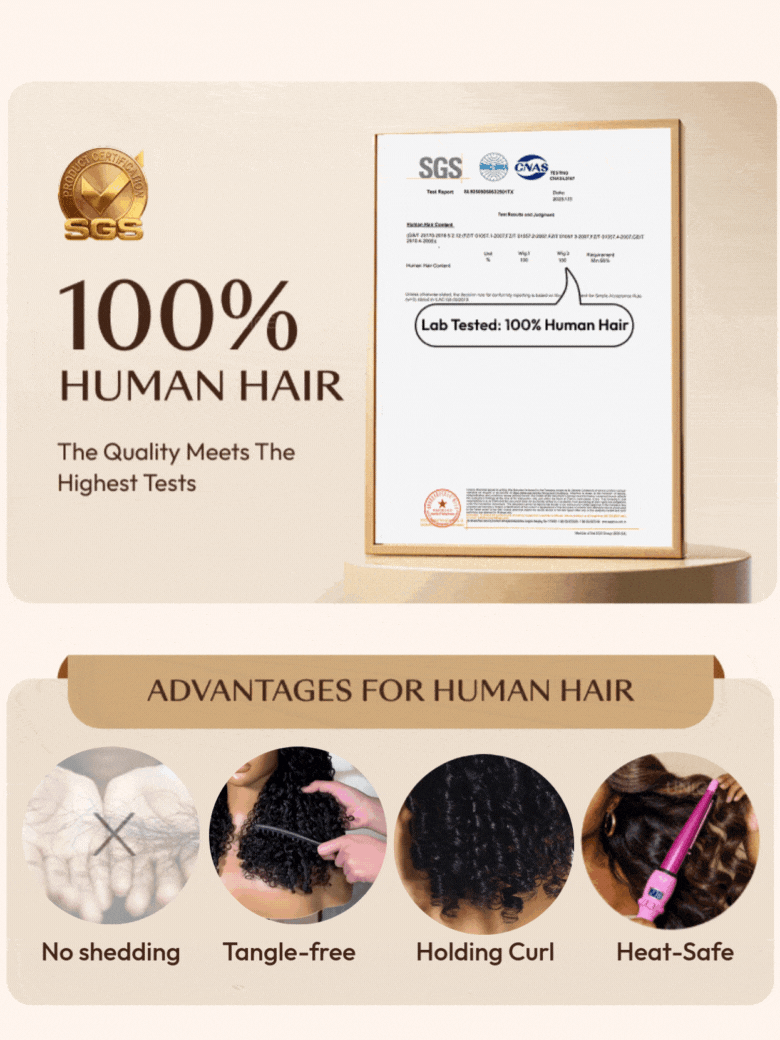 A certificate with the label Lab Tested: 100% Human Hair is displayed above text listing advantages of human hair: shiny & realistic, tangle-free, can be dyed, can be heated. Images show hair textures and a smiling woman holding hair.