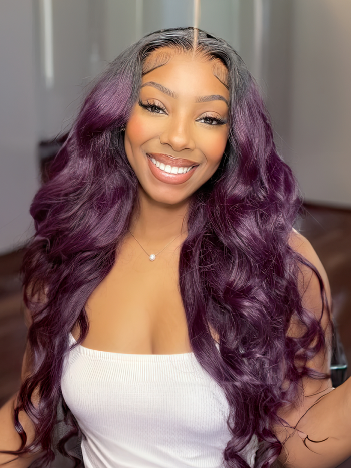 [13x4 Lace=$69] Petaluxe 13x4 Lace Ombre Smokey Deep Purple Black Root Frontal Body Wave Wig