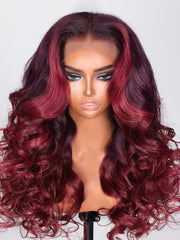 13x4 Lace Front Burgundy Loose Wave Wig With Ruby Red Face Framing Highlights