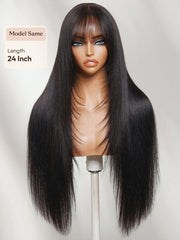 7x5 Bye Bye Slip? Lace Black Glueless Long Layered Yaki Straight Drawstring Wig with Wispy Bangs