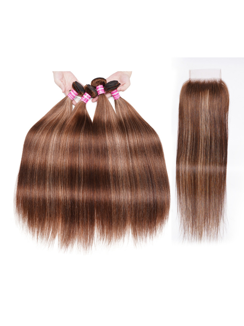 Honey Blonde Piano Highlighted Straight 4Pcs Bundles With Closure