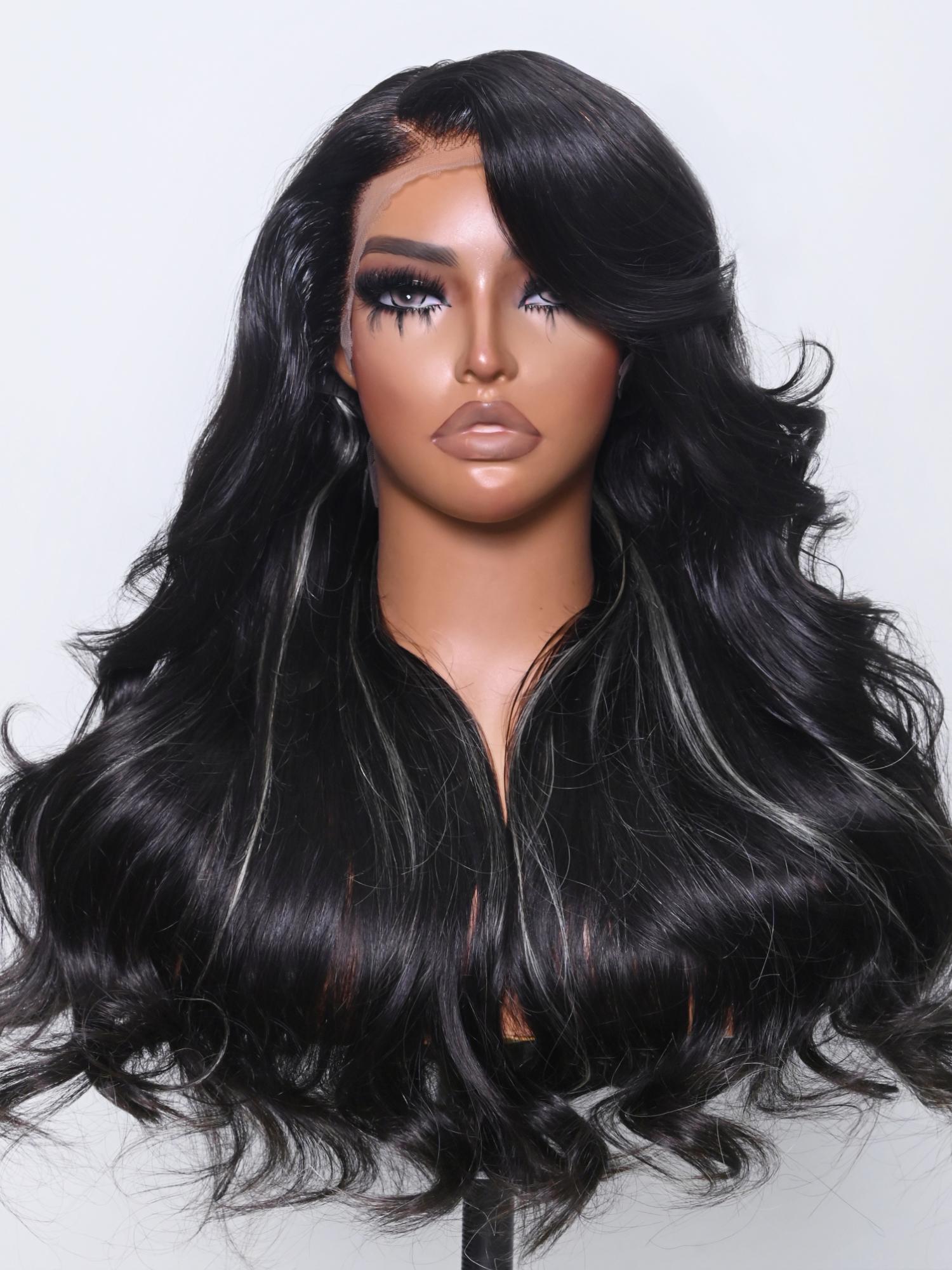 13x4 Lace Front Black Loose Wave Wig With Blonde Peekaboo Highlights