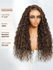 Bye-Bye Knots? 7x5 Lace Dark Toffee Brown with Auburn Highlights Water Wave Wig with Invisi Drawstring