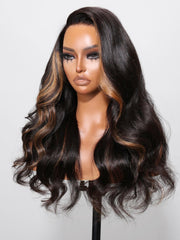13x4 Lace Front Black Hair With Brown Skunk Stripe Highlights Loose Wave Wig