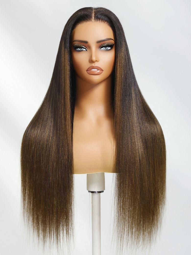 Bye-Bye Knots 7x5 Lace Black to Chestnut Brown Ombre Yaki Straight Wig With Invisi Drawstring