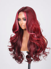 13X4 Lace Front Deep Burgundy With Pink Face Framing Highlights Loose Wave Wig