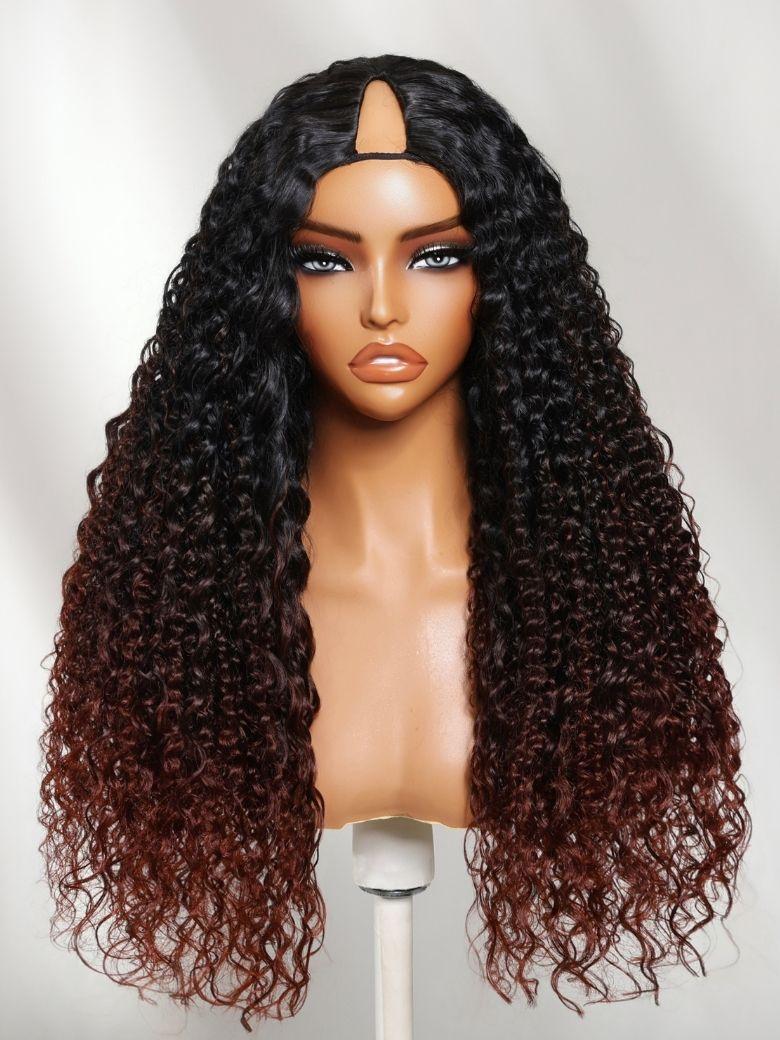 EasiContour? V Part Black to Reddish Brown Ombre Yaki Straight Wig