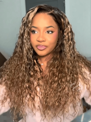 13x4 Bye Bye Slip? Lace Frontal Caramel Brown With Honey Blonde Highlights Water Wave Glueless Drawstring Wig