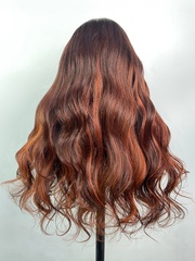 24 Inch 180% Density 13x4 Frontal Auburn Brown with Ginger Highlights Body Wave Wig