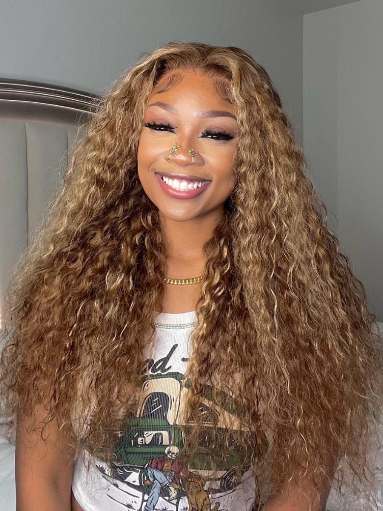Bye-Bye Knots Wig 7x5 Glueless Lace Honey Blonde Highlights Water Wave Wig With Invisible Knots-8089