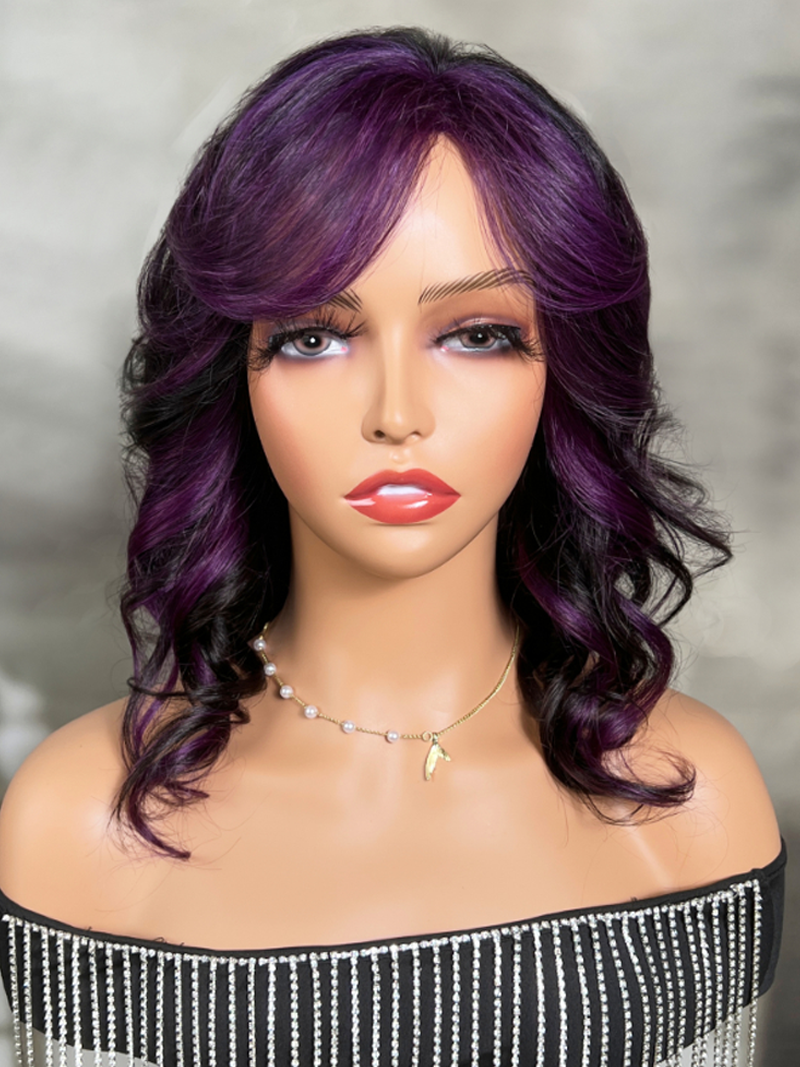 Glueless Purple Skunk Stripe Wolf Cut Wig with Streaks In The Front Open Weft Wig