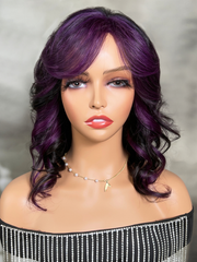 Glueless Purple Skunk Stripe Wolf Cut Wig with Streaks In The Front Open Weft Wig