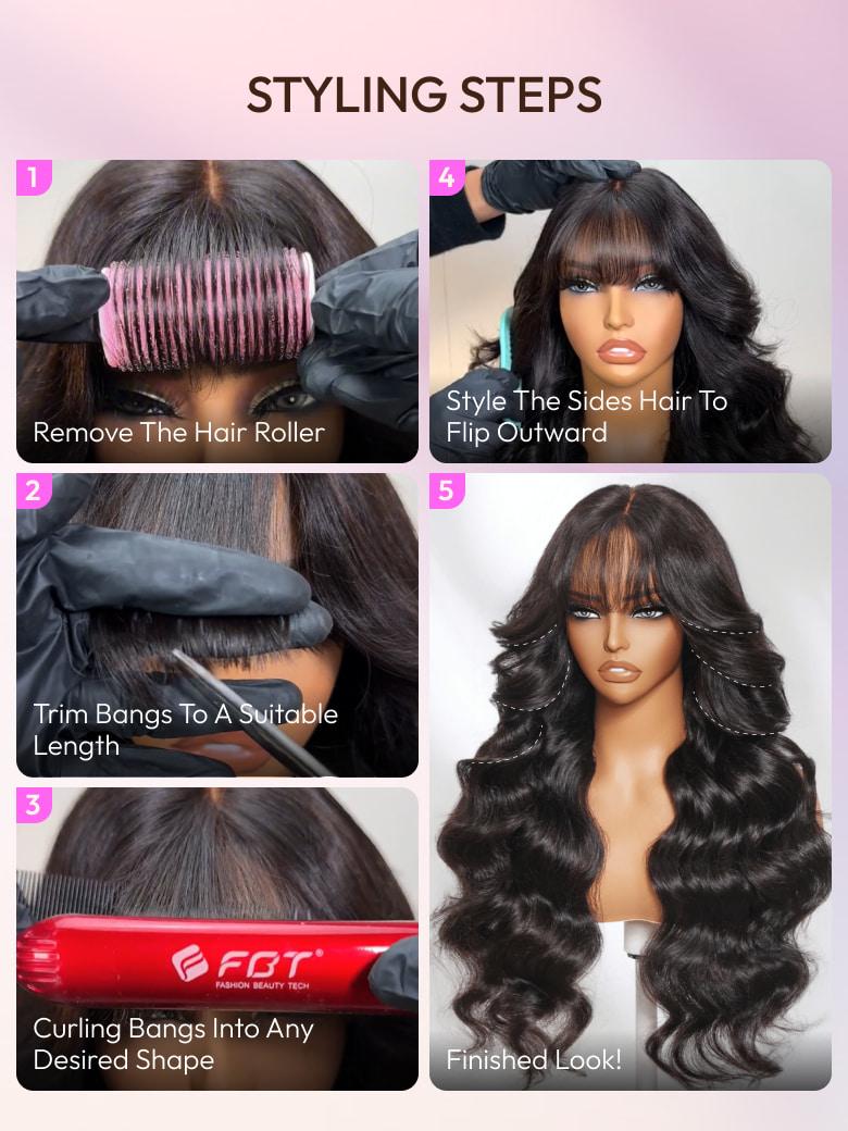 [Hottest New Arrival] 13x4 Pre-Everything Lace Frontal Black Fluffy Natural Loose Wave Curtain Bangs Wig