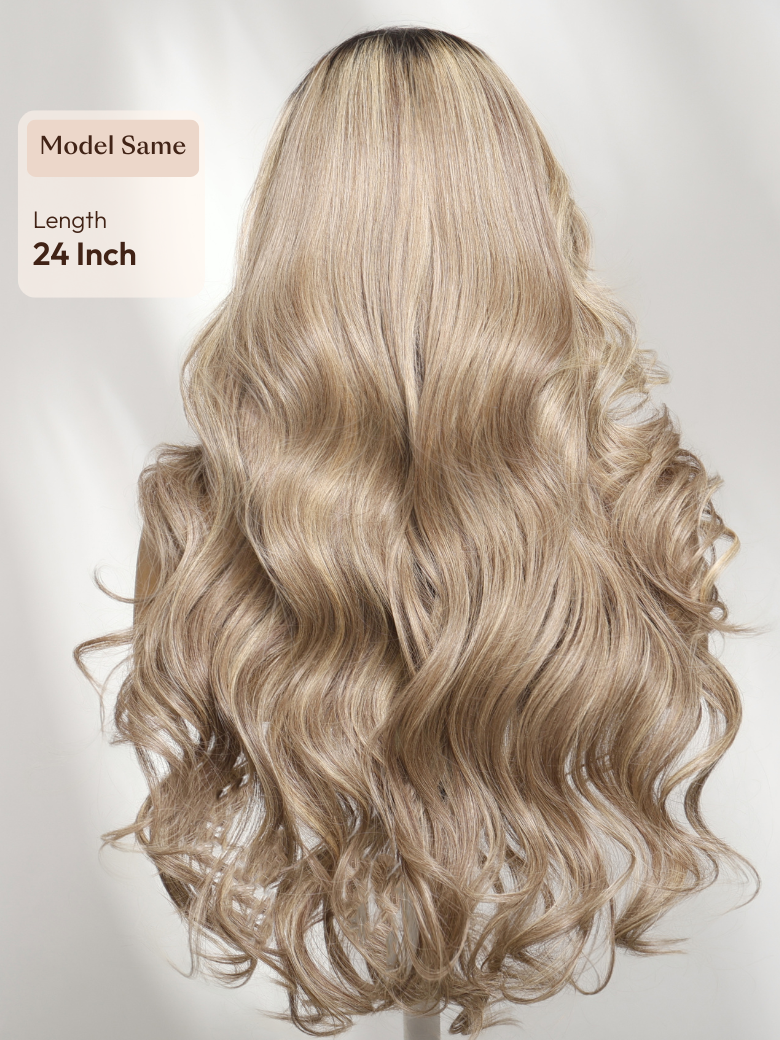 13x4 Bye Bye Slip? Lace Frontal Ash Blonde with Beige Blonde Highlights Body Wave Wig with Side Part Bangs